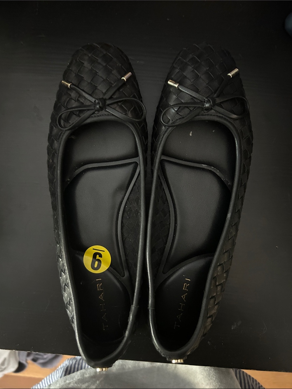Tahari Samila Black leather Woven Bow Ballet Flats - Picture 6 of 7